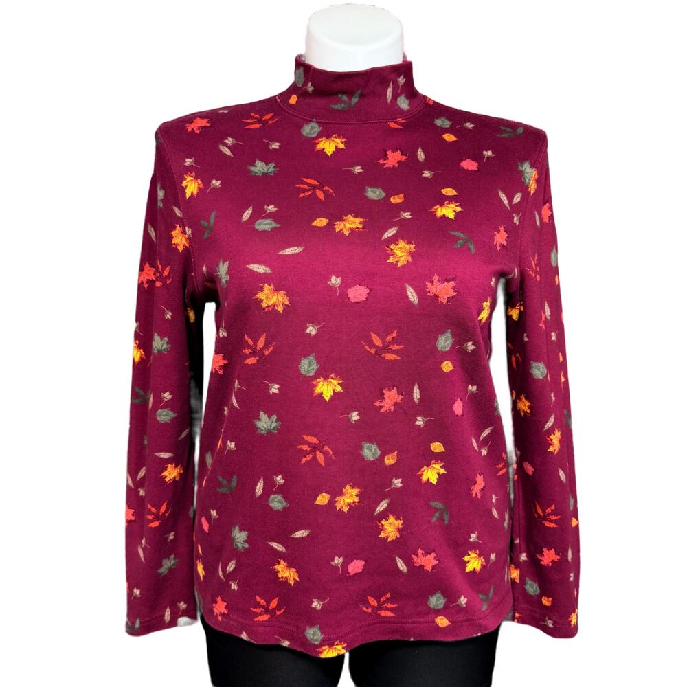 Croft & Barrow Womens T Shirt Top Long Sleeve Mock Neck Leaf Print Petite Large
